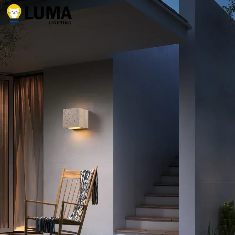 Luma Square Shape Yellow Travertine Wall Lamp for Outdoor Waterproof Courtyard Sconce Hallway Stairs Bathroom Stone Wall Lamp