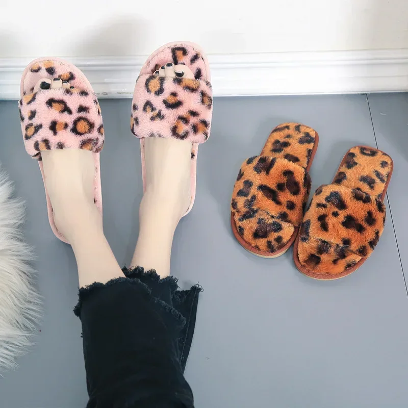 

Women's Leopard Pattern Home Slippers New Winter Indoor Plush Warm Anti Slip Cotton Slippers Flats Lightweight Casual Shoes