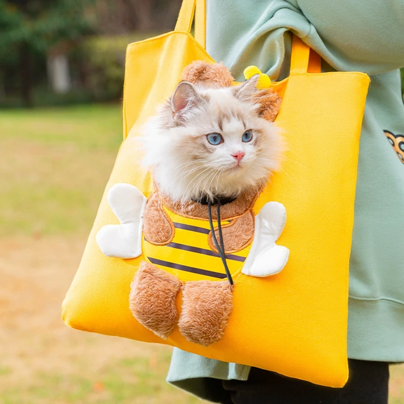 Pet Cat Dog Carrier Bag Cute Small Bee Canvas Open Head Shoulder Bag Small And Medium-sized Dog Handbag Pet Out Travel Backpack
