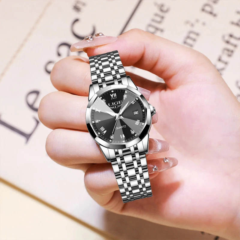 LIGE Luxury Quartz Watch Fashion Outdoor Sport Stainless Steel Strap Women Watches Calendar Waterproof Ladies Watch Casual Clock 3