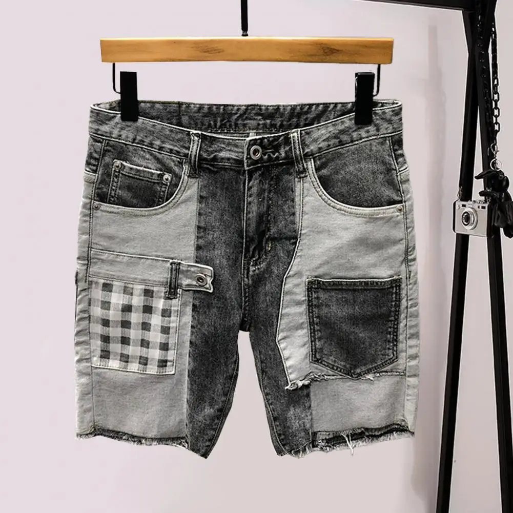 Patchwork Color Denim Shorts Summer Men's Denim Shorts with Multiple Pockets Baggy Ripped Jeans Streetwear Style for Casual Wear men jeans