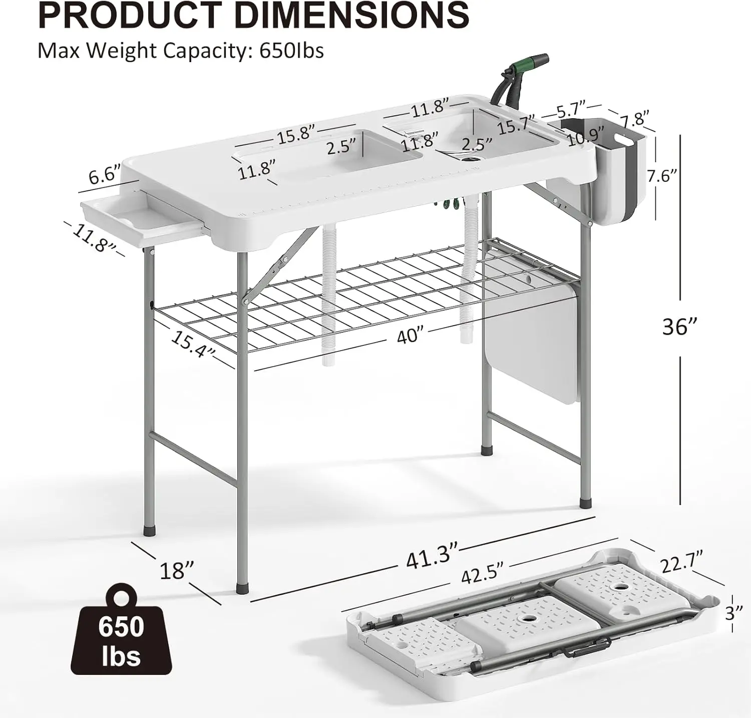 42.5" Fish Cleaning Table with Dual Sink, Portable Folding Camping Table with Faucet, Sprayer, Grid Rack, Hose Hook Up