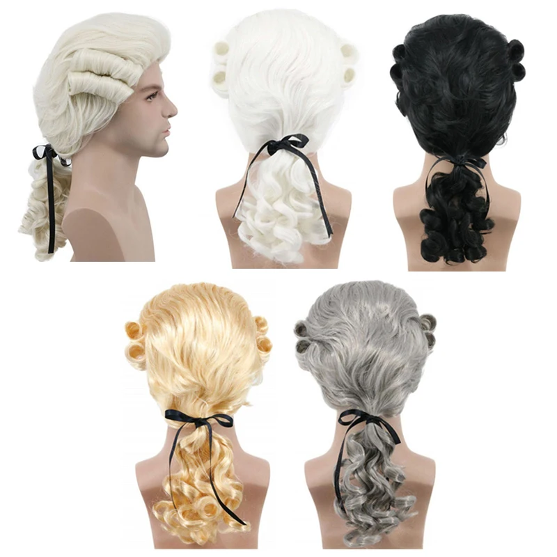 

Grey White Black Lawyer Judge Baroque Curly Male Wigs Deluxe Historical Long Synthetic Cosplay Wig For Halloween + Wig Cap
