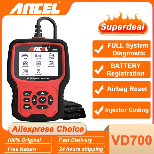 ANCEL VD700 Professional OBD2 Scanner for VW for Audi for Seat for Skoda Oil EPB SAS TPMS Reset Full System Code Reader 1