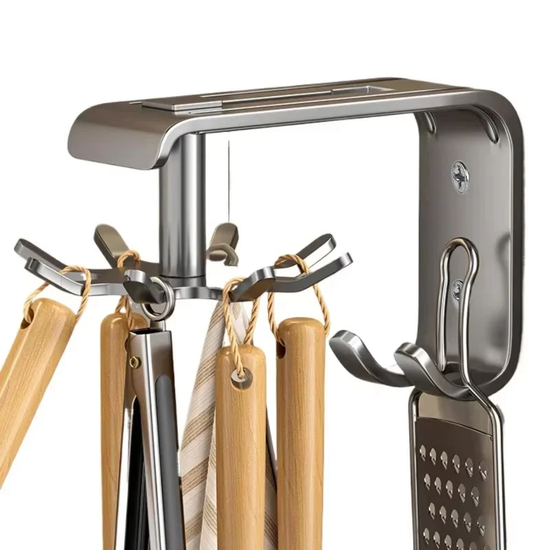 Kitchen Rotary Hook Wall Mounted Rack For Tool Aluminum Storage Hanger 6 8 10 Pegs No-hole Punching
