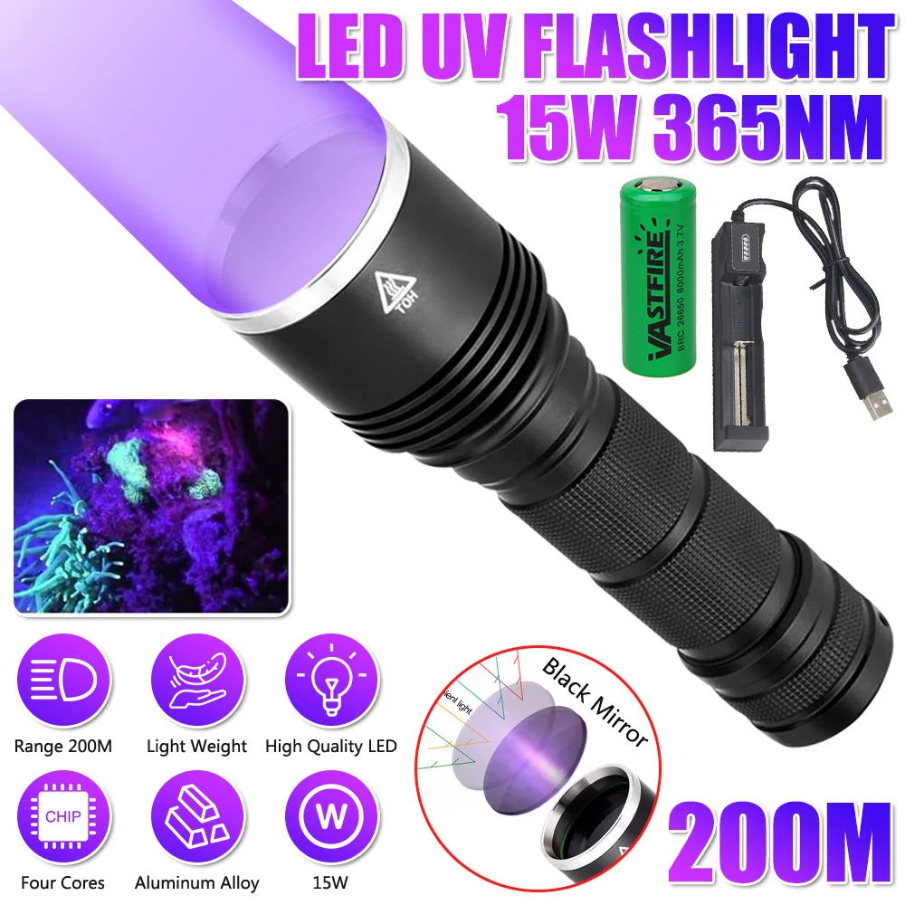

365nm UV Flashlight LED Ultraviolet Torch Zoomable Mini Ultra 15W Violet Lights Inspection Lamp Pet Urine Stain Detector Tools