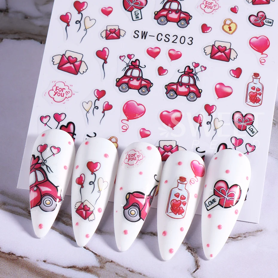 2pcs Valentine's Day Nail Stickers Cute Cat Love Heart Balloon Bear Letter Car Adhesive Nail Decals Manicure Decor Accessories
