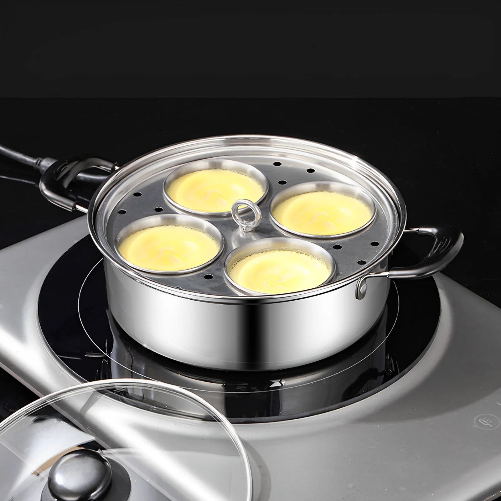 Egg Poacher Stainless Steel Poached Egg Maker Pot Poaching Pan with 4 Cups Multipurpose Stovetop Steamer Frying Pans