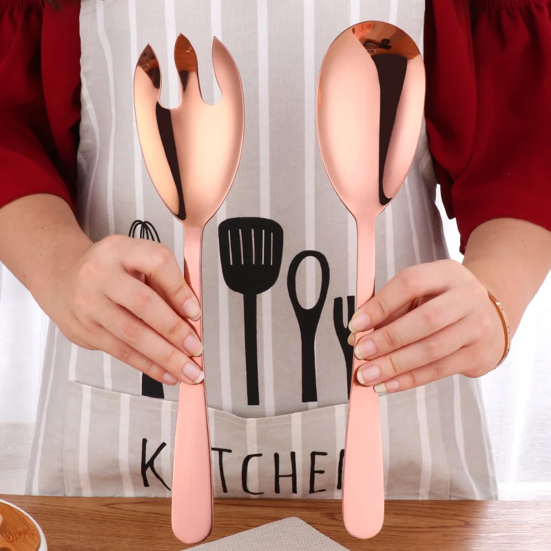 2pcs Gold Salad Spoon and Fork Stainless Steel Spoons Stirring Fork Kitchen Utensils Metal Buffet Service set for restaurant