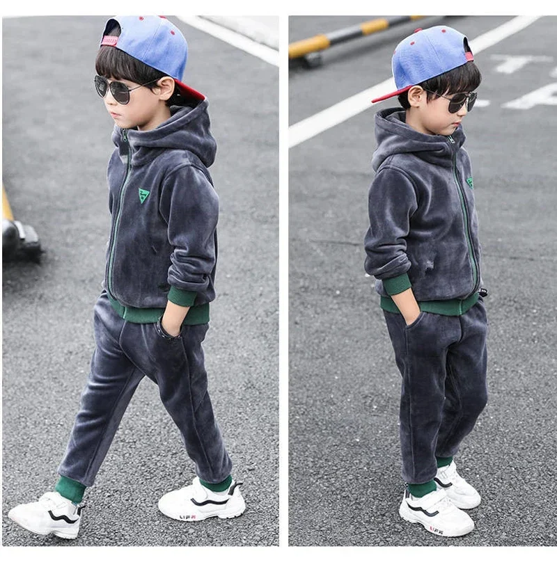 2PCS Kinder Kleidung Set doppelseitige Samt Mode Brief Hoodies Mantel + Hosen Kinder Jungen Trainingsanzug für herbst Winter – Detail 15