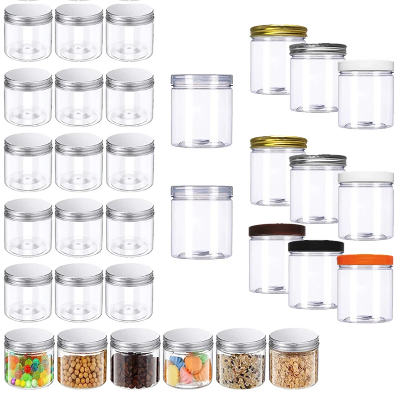 1Pcs 150-580ml Clear Plastic Jars W/ Aluminum Lids Refillable Straight Cylinders Jar Containers for Dry cargo Peanuts Candy Jams