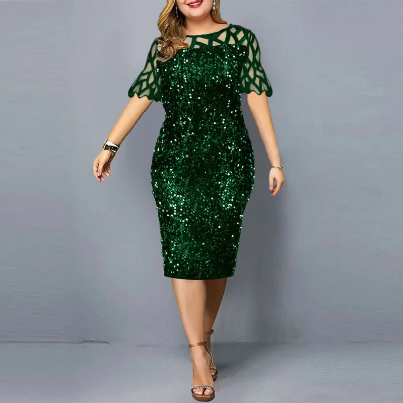 

Elegant Sequin Wedding Party Dress For Women 2024 Summer Casual Mesh Short Sleeve Lace Bodycon Evening Dresses Ladies Midi Robe