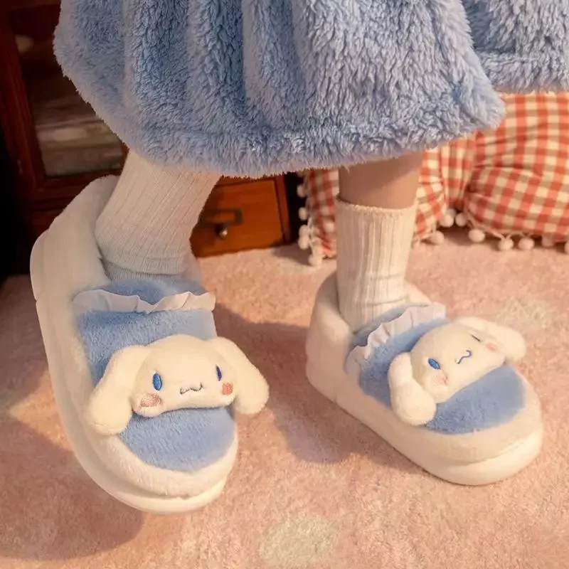 Kawaii Sanrio Slippers Lovely Cartoon Cinnamoroll Hello Kitty My Melody Kuromi Cotton Slippers Girl Winter Warm Home Shoes Gifts sanrio kawaii home slippers hello kitty plush cotton women 2022 home shoes non slip shoes foot feel comfortable friend gifts