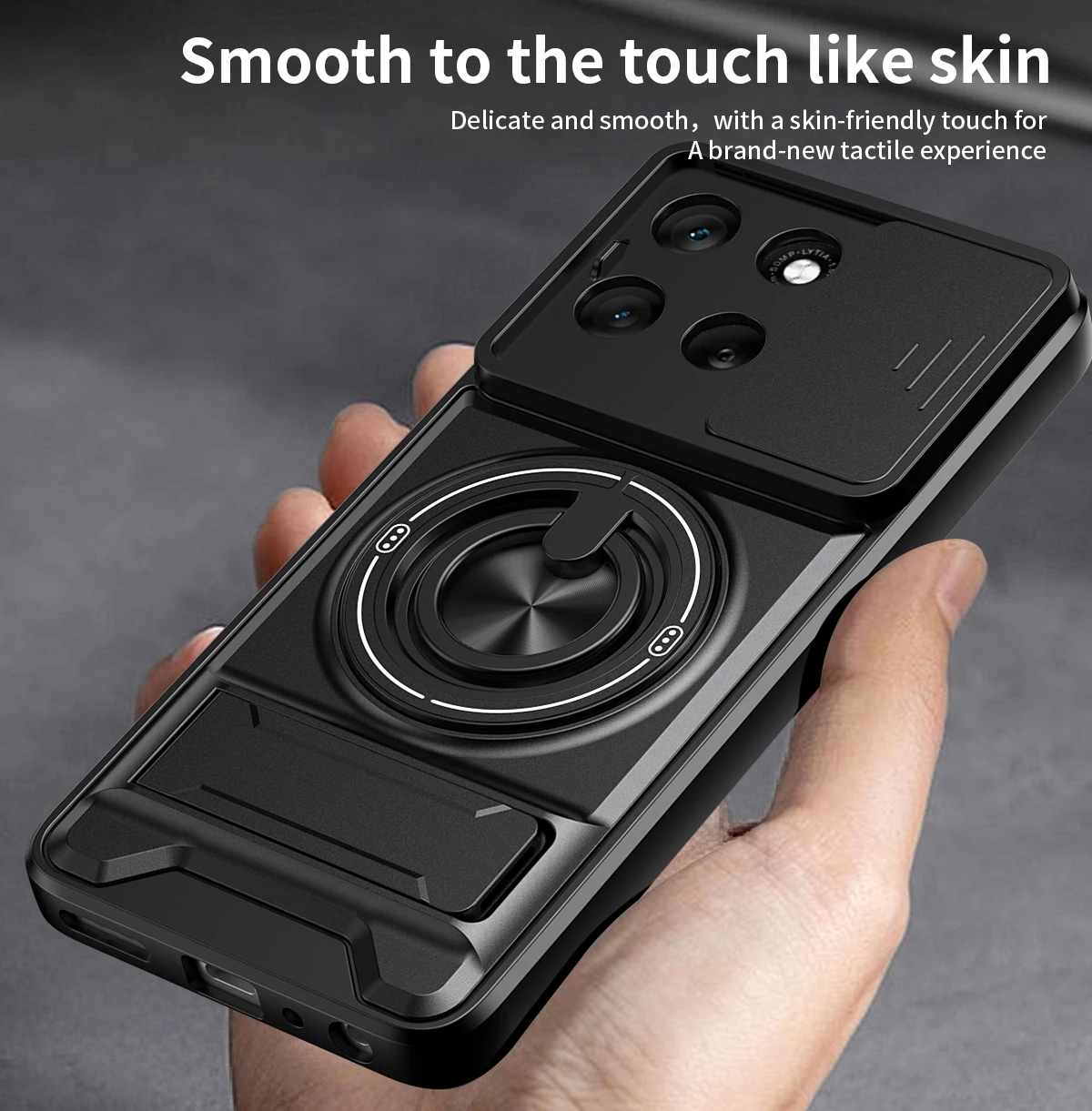 Slim Magnetic Ring Protective Phone Case with Sliding Window and Double Bracket - Durable Hard Shell Design