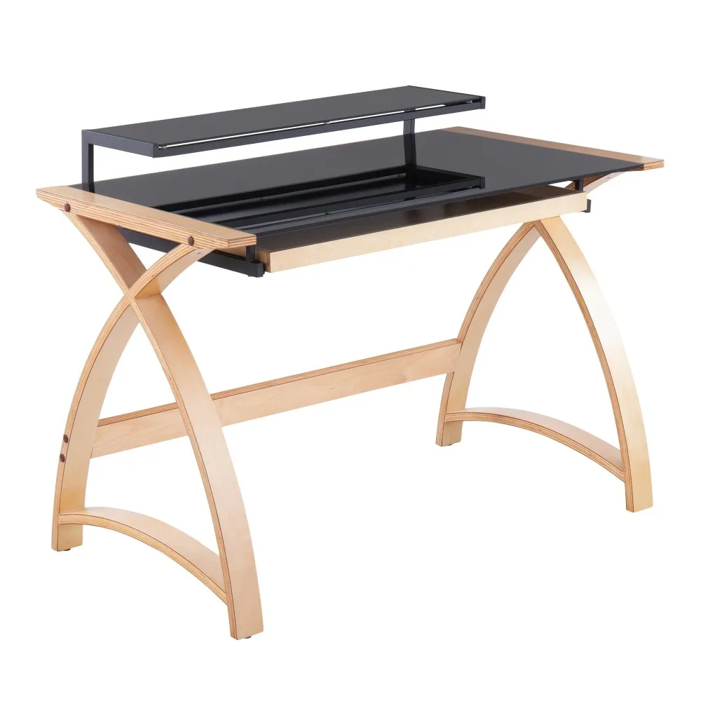Mid-Century Modern Office Desk in Natural Wood and Black Glass