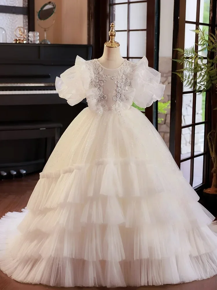 

GUXQD Ball Gown Baby Flower Girl Dresses Appliques Tulle Court Train Children Wedding Prom Birthday Party Gowns