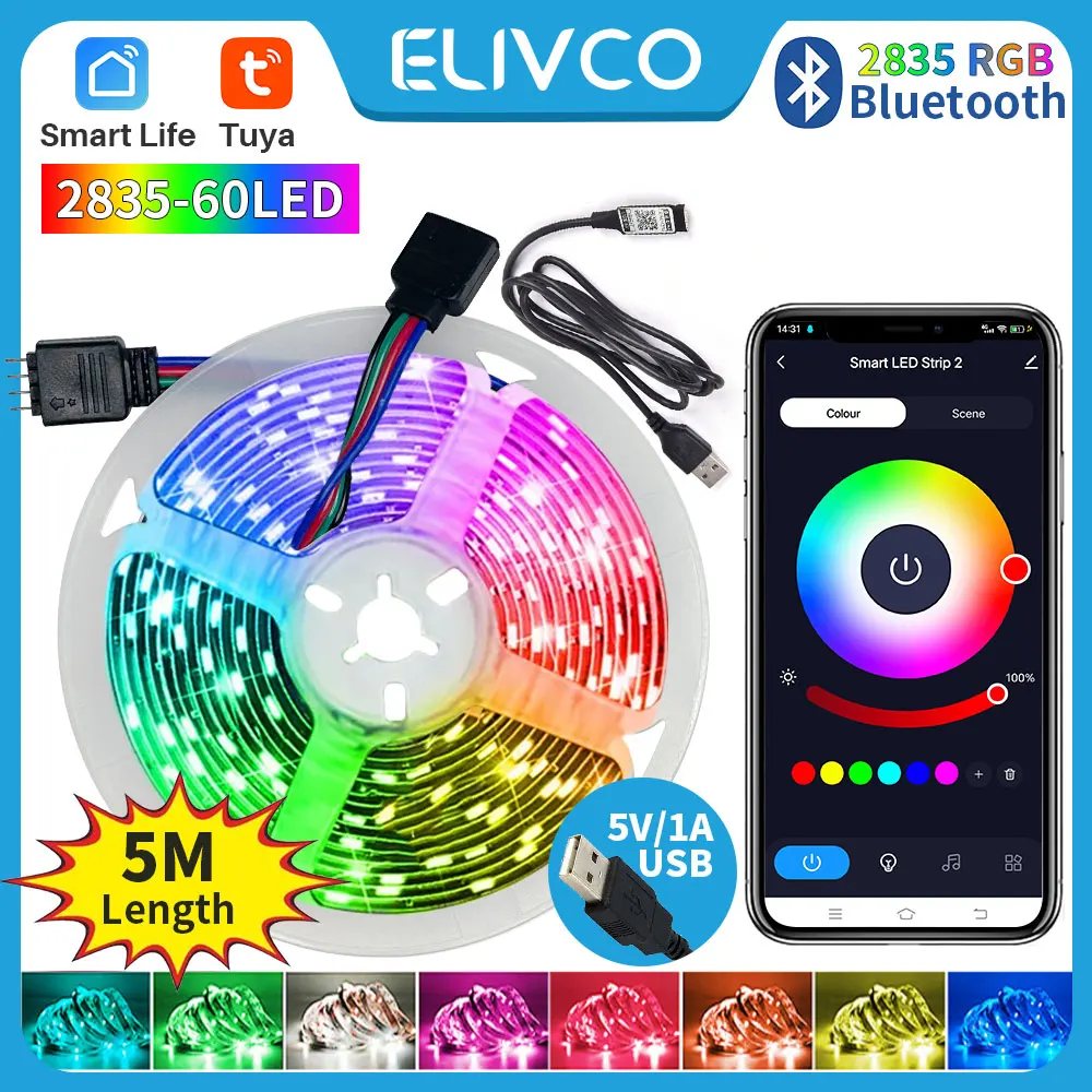 ELIVCO Smart LED Strip Lights 2835 5V USB, Tuya Bluetooth RGB flexible diode tape Smart Life app control desktop screen TV backlight