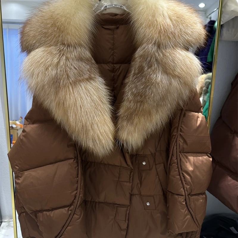 

2023 New Loose Real Fox Fur Collar Coat Winter Thick Women Warm Jacket 90% White Duck Down Luxury Outwear Female Streetwear