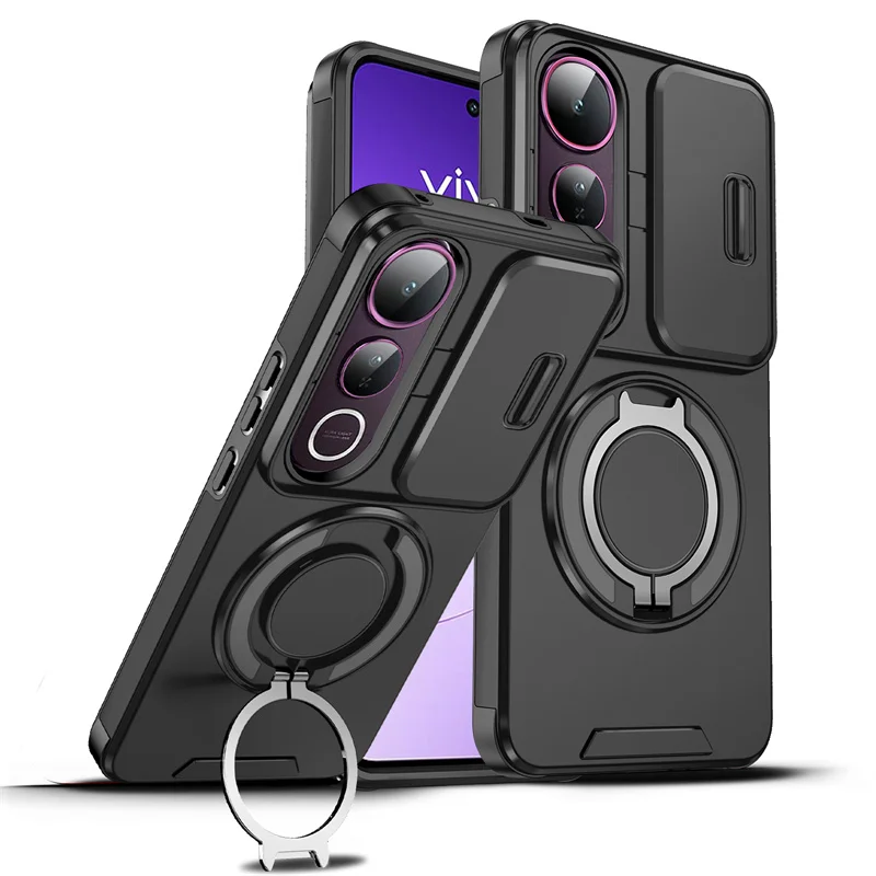 Enhanced Armor Slide Camera Lens Protection Case with Ring Holder and Shockproof Back Cover