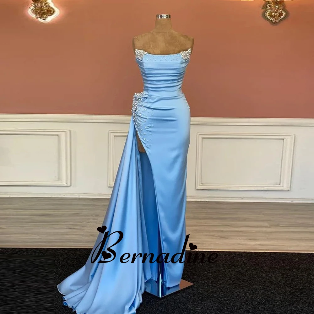 

Bernadine Fashionable Strapless Evening Gowns For Women Mermaid Slit Beadings Zipper Stain Vestidos Robes De Soirée Custom Made