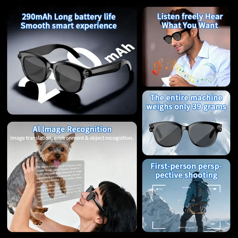 LIGE AI HD Smart Glasses 2MP Camera AI Photo Recognition Bluetooth Call Chat Voice Assistant Control 290mAh Smart Sunglasses New