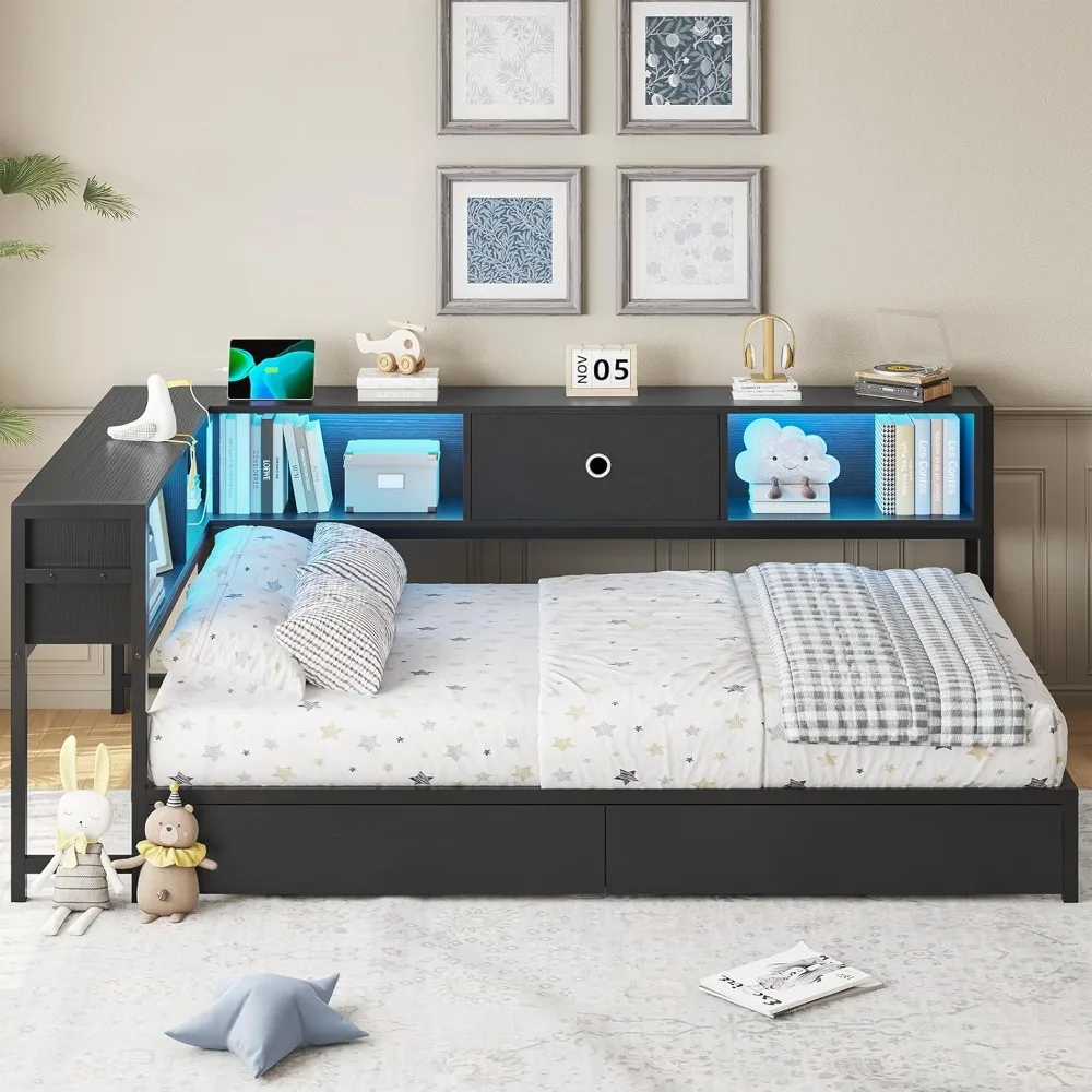 DICTAC Corner Bed Frame with Bookcase Storage and Led Lights Twin XL Metal Platform Bed Frame with Storage Drawers & Charging St