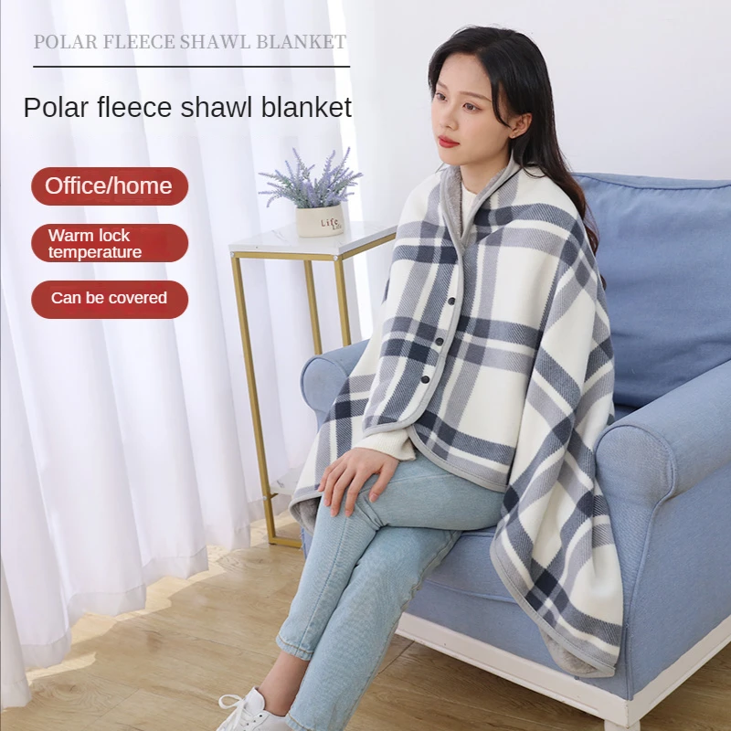 WearablePlaidBlanketFleeceDoublelayerBlanketsWithButtonThicken
