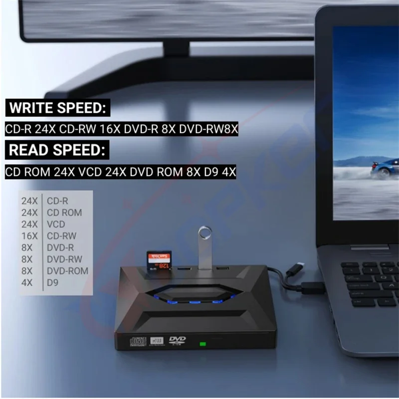 USB3.0 Type C External CD DVD VCD Optical Drive 3-in-1 Multi-Function SD Card U