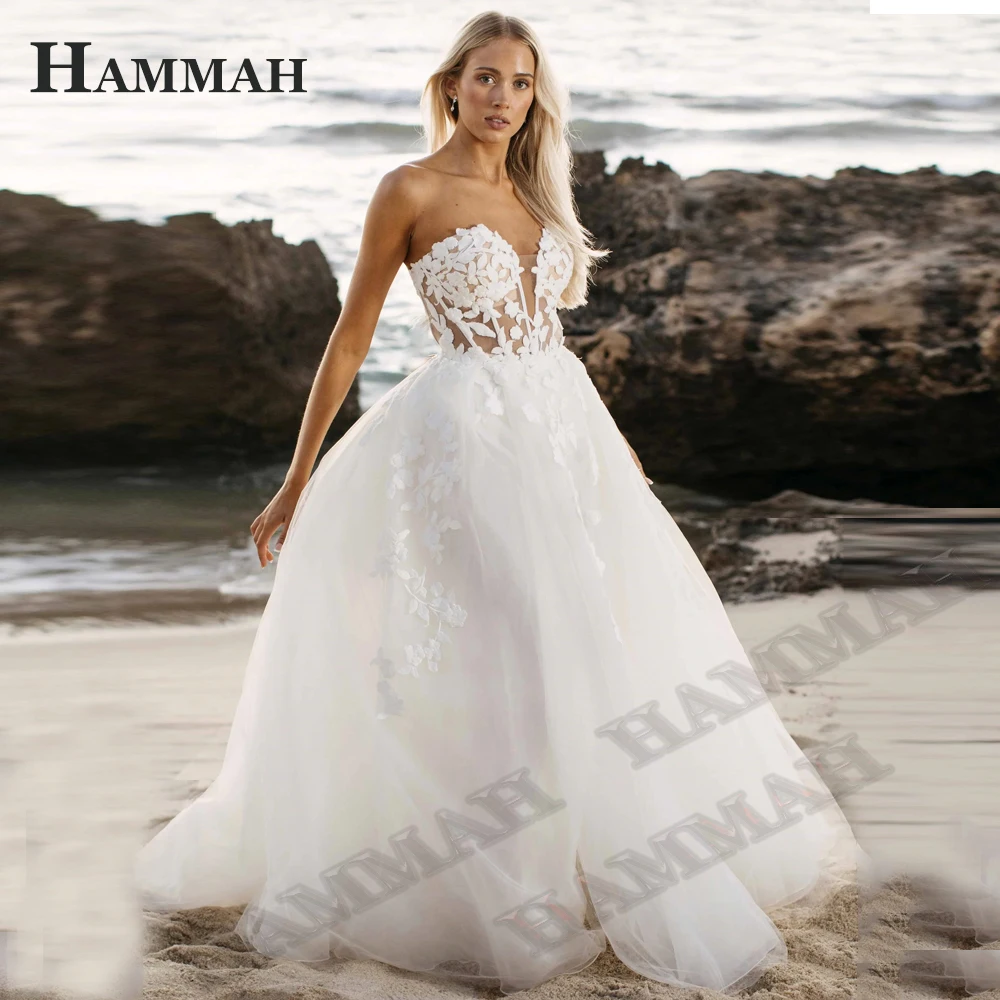 

HAMMAH Attractive V Neck Wedding Dress For Brides Fashionable Appliques Slit Tulle Illusion Button Court Train Vestidos De Novia