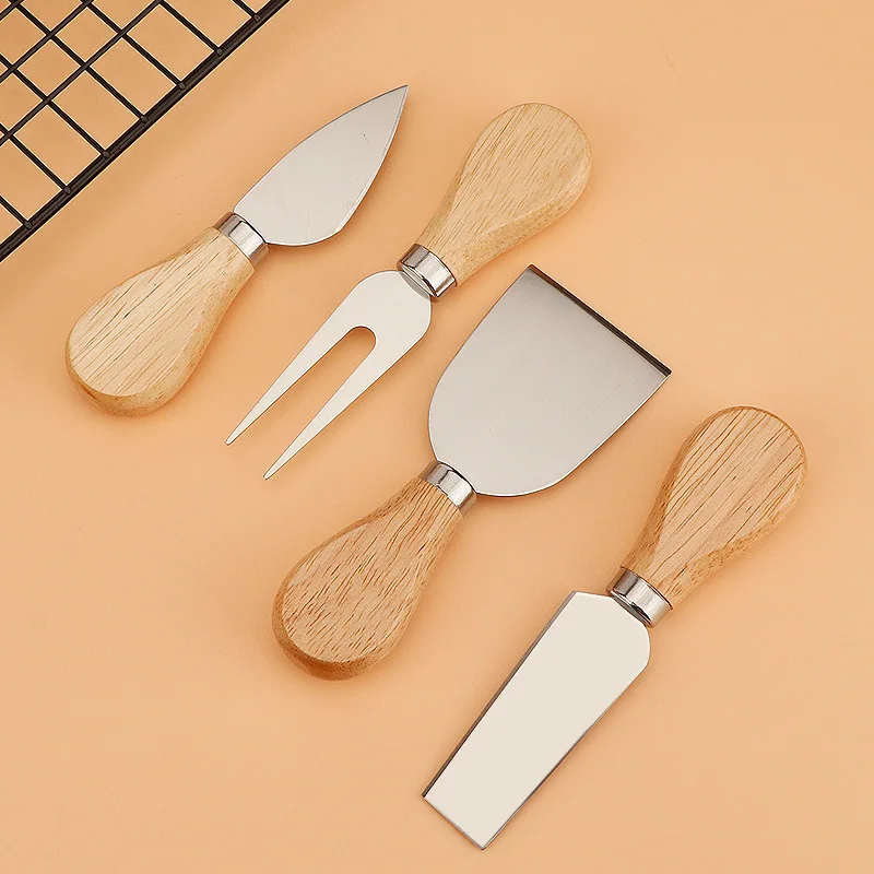 4Pcs Cheese Knife Set Stainless Steel Wooden Handle Cheese Knife Fork Butter Knife Four Piece Set Kitchen Cheese Cooking Tools