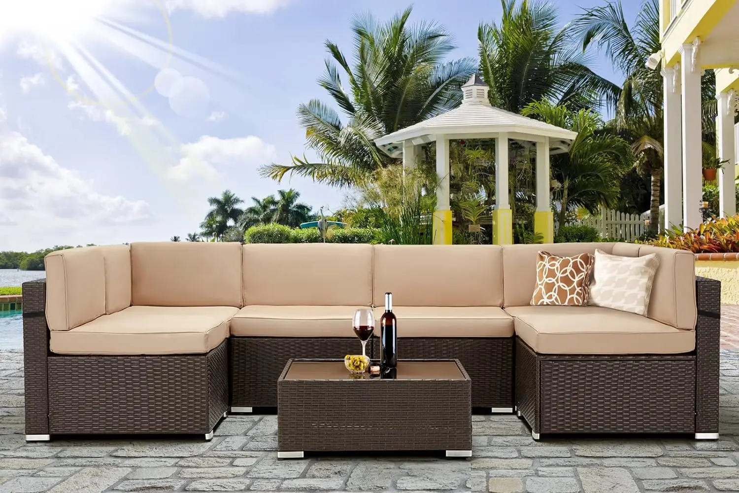 

Piece Outdoor Patio Furniture Set, PE Rattan Wicker Sofa Set, Outdoor Sectional Furniture Chair Set with Cushions and Tea Table