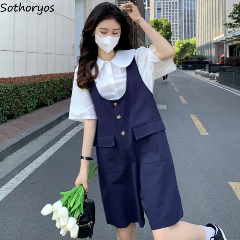 

Sets Women Lovely Preppy Style Chic Solid Peter Pan Collar Shirts Baggy Retro Tender Schoolgirl Overalls All-match Holiday Ropa