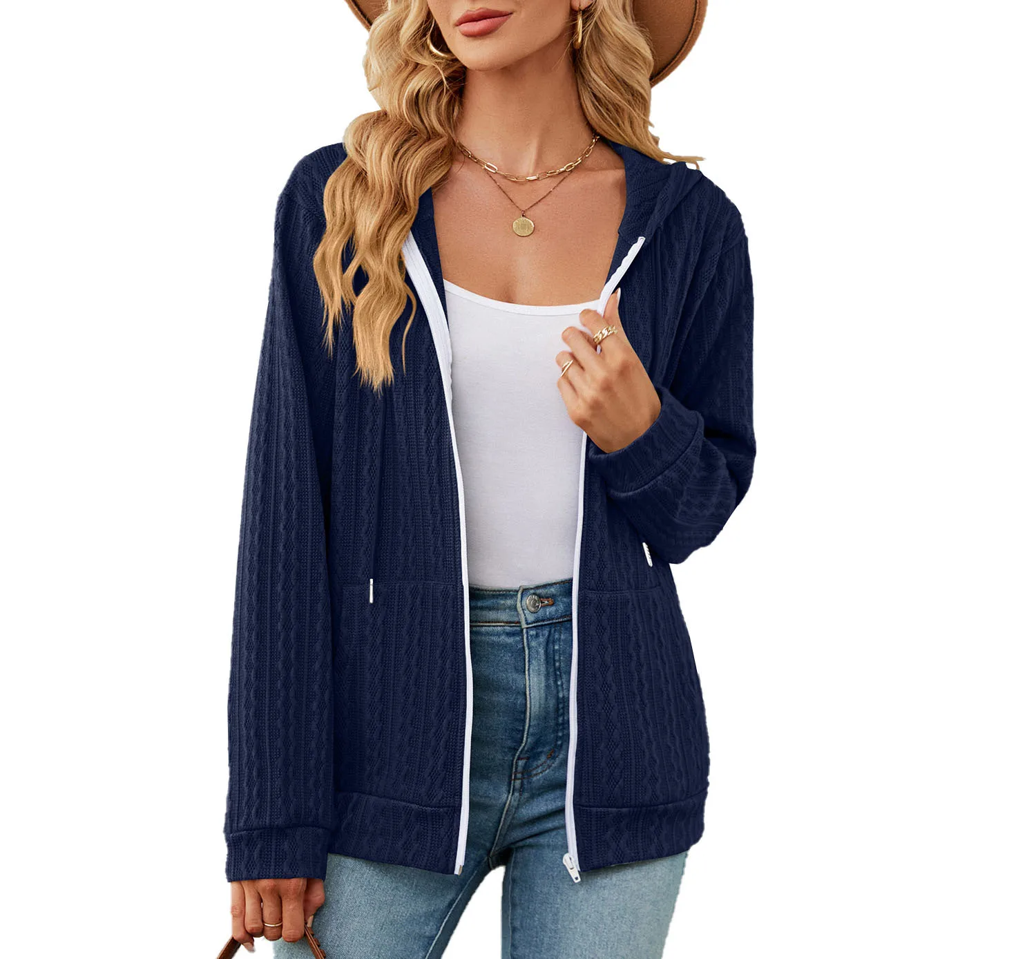 Autumn and Winter New Solid Color Long-sleeved Hooded Zipper Loose Jacket Sweater Female