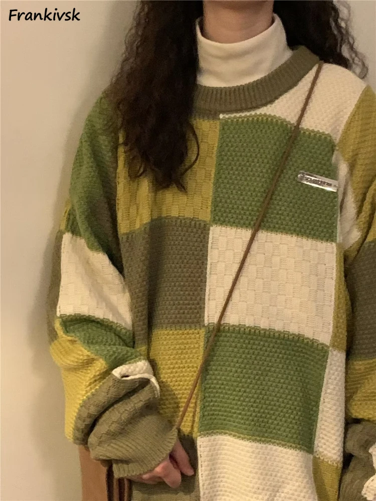 

Осенние свитера для женщин, Геометрическая контрастная цветная мешковатая удобная модная ветровка в британском стиле, в стиле ретро, для колледжа, с напуском