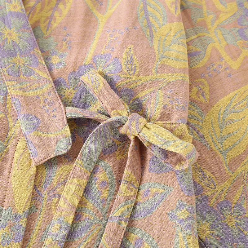 National Style Cotton Double-layer Gauze Nightgown Mid Length Spring and Autumn Seven Quarter Sleeve Loose Women's Bathrobe