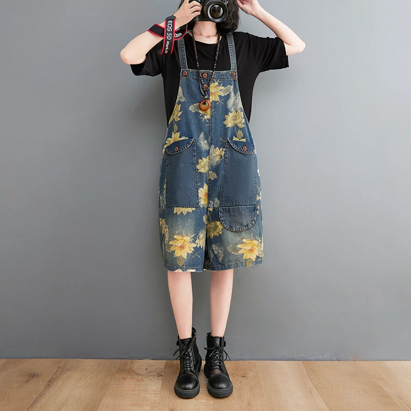 

Summer New Denim Short Jumpsuit Women Vintage Print Wide Leg Suspenders Female Casual Overalls Straps Loose Jean Rompers H2882