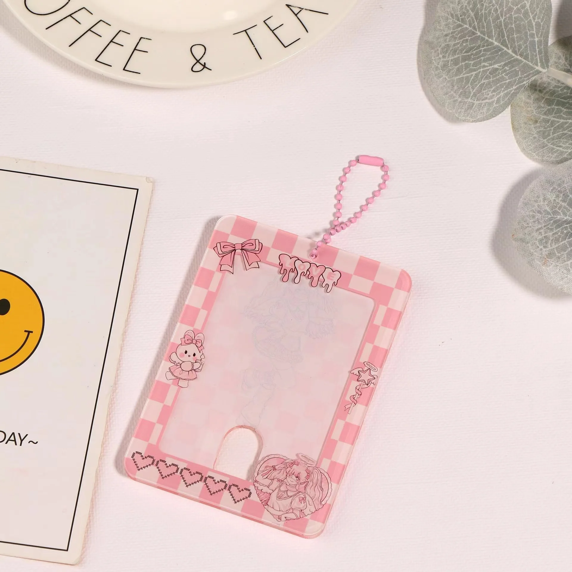 Kawaii checkerboard Bear Acrylic Photocard Holder Postcards Protective Case Photo Sleeves 3 inch Kpop Decoration Bag Pendant