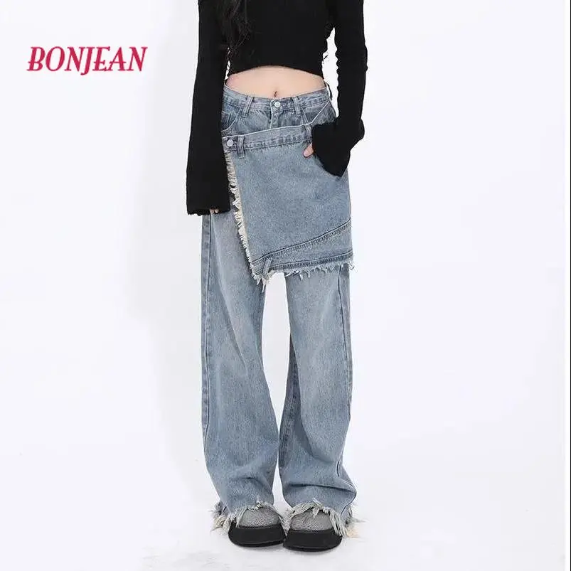 2023 New Skirt Pants One Piece Jeans Harajuku Women High Waist Straight Slender Wide Leg Tassel Floor Towers Y2K Fake Two Pieces