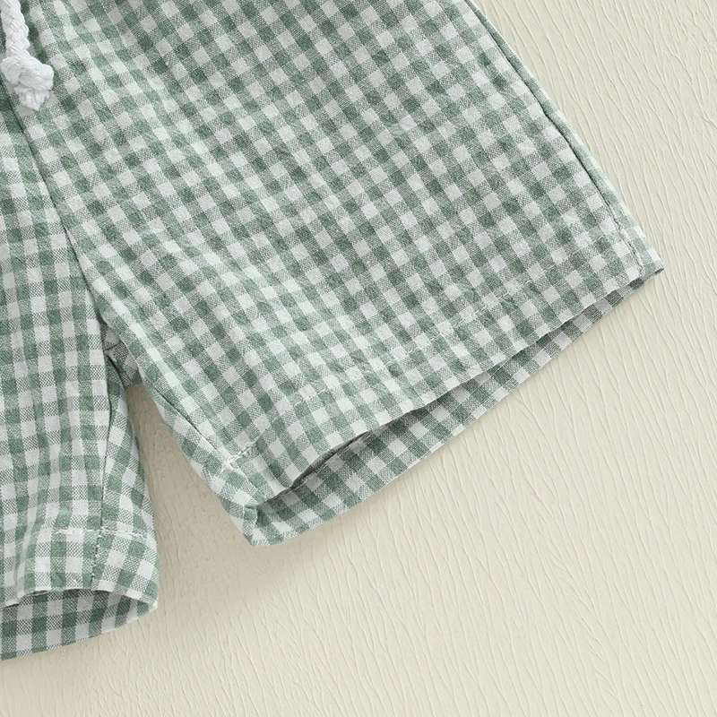 Toddler Baby Boy Summer Outfit Dinosaur Pattern Crew Neck Short Sleeve T-Shirt with Plaid Shorts 2 Pcs Kid Boys Clothes Set