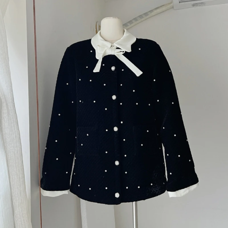 

Fashion High Street Small Fragrant Diamonds Bow Wool Jacket Coat Fall Winter French Vintage Elegant Loose Jackets Women Outwear
