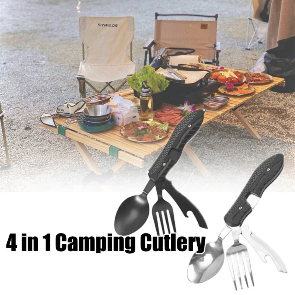 

4 in 1 Stainless Steel Camping Knife, Fork and Spoon Combination Cutlery Multifunctional Outdoor Camping Spoon Knife and Fork