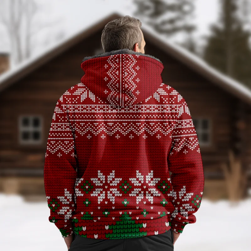 Christmas Creative Cotton Coat Hooded Sweater Casual Print Men's Fur Loop Arctic Velvet Zipper Patch Pocket Hooded Sweater