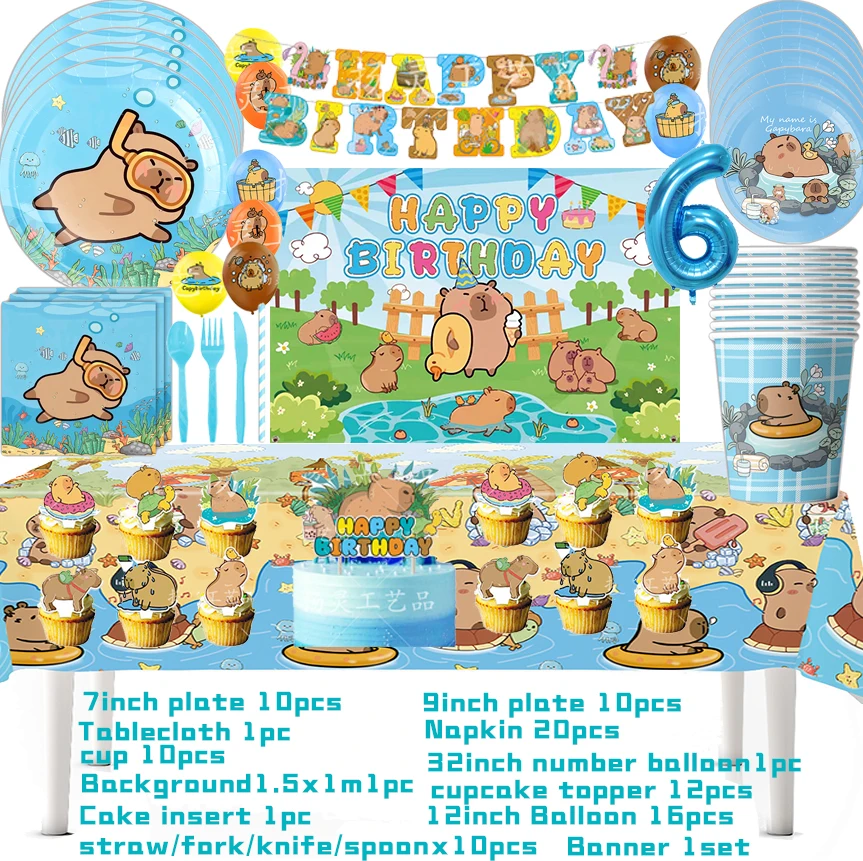 Cartoon Capybara Geburtstag Party Dekoration Einweg Geschirr Tasse Teller Servietten Ballon Tischdecke Banner Baby Dusche Spielzeug Geschenk – Detail 14