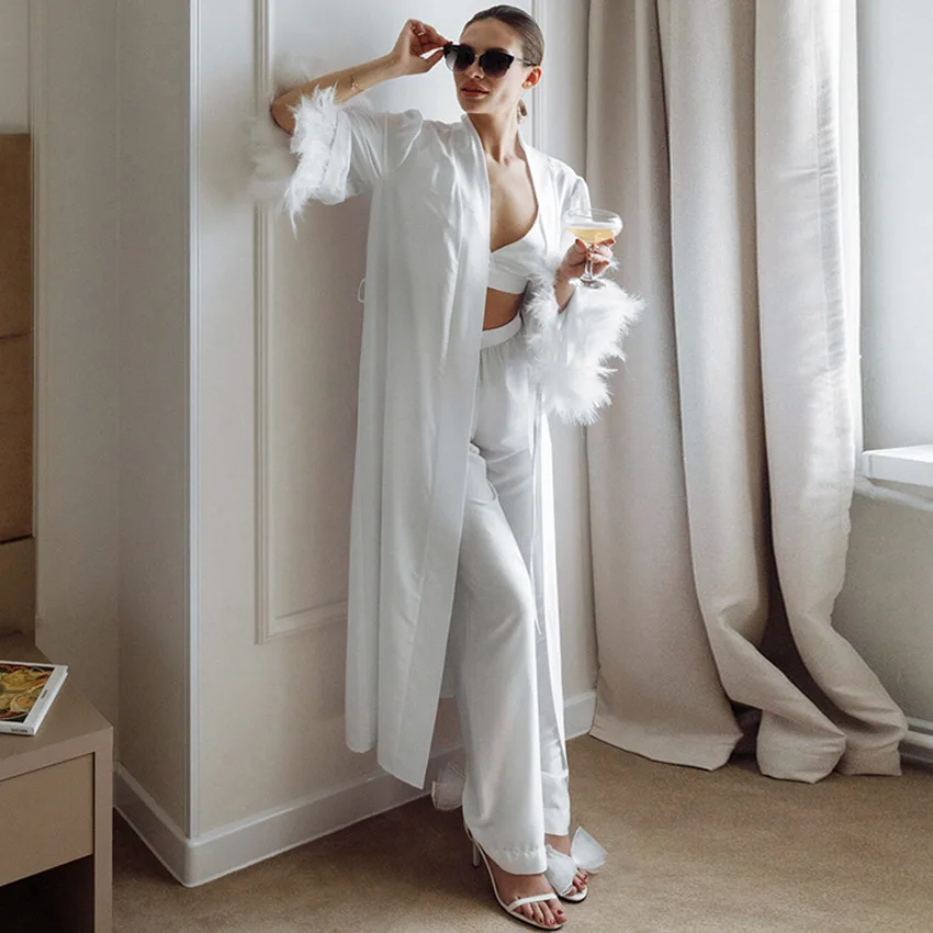 

Feathers Pajamas For Women 3 Piece Sets Bride Robe Sleepwear Female Bra Casual Trouser Suits 2023 Bridesmaid Gifts Nightwear