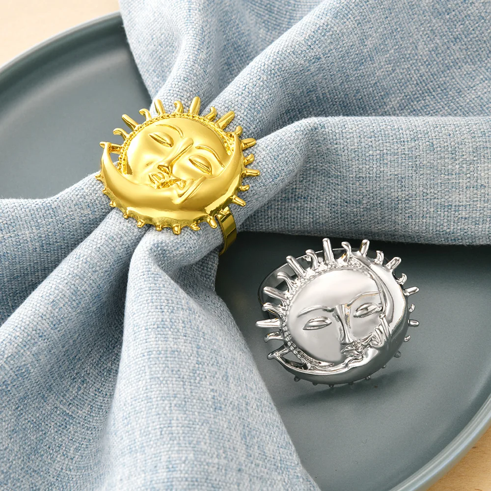 12pcs Napkin Ring Creative Festival Table Decoration Zinc Alloy Gold Smiling Face Sun Napkin Ring Moon Buckle