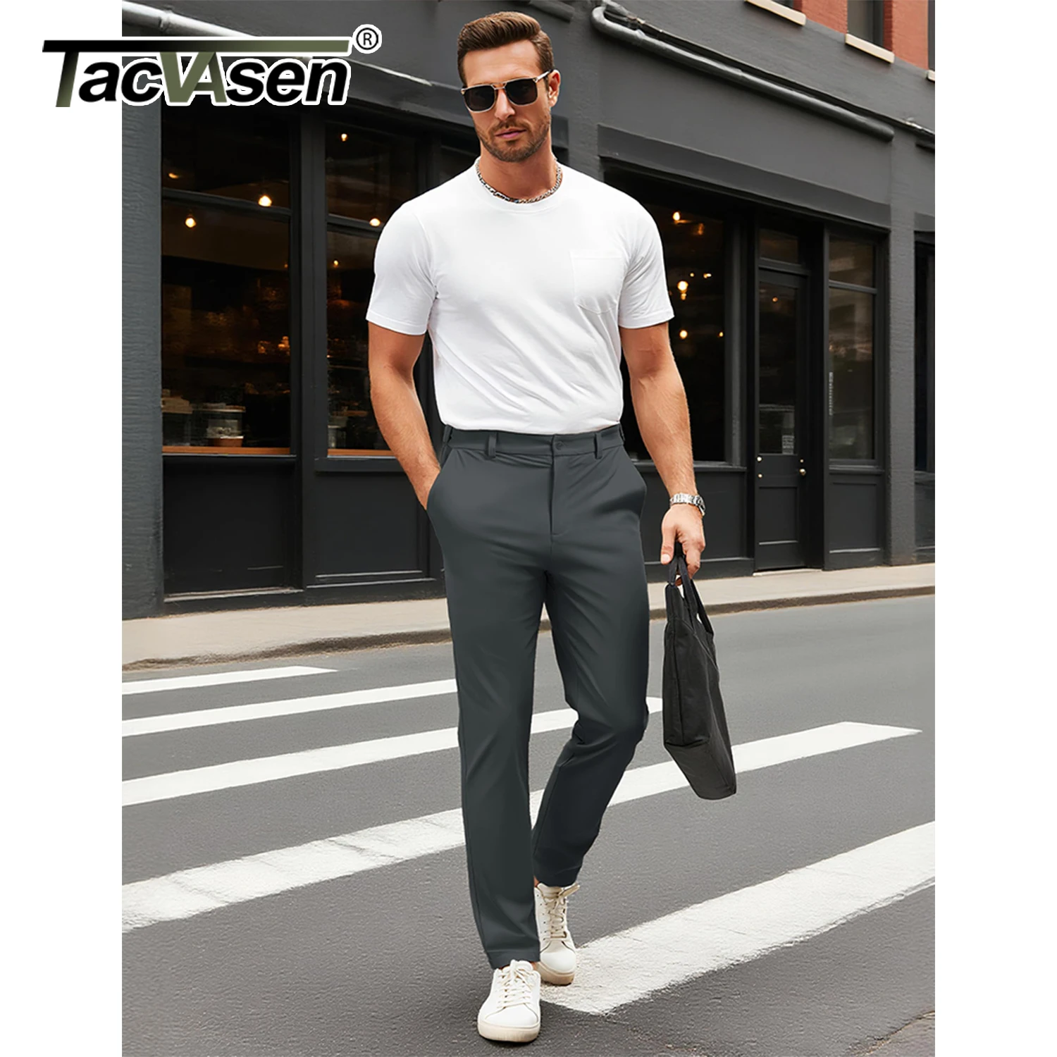 TACVASEN 남성 캐주얼 팬츠 스트레이트 레그 플랫 프론트 팬츠 방수 스트레치 허리 바지 골프용 경량 작업 바지