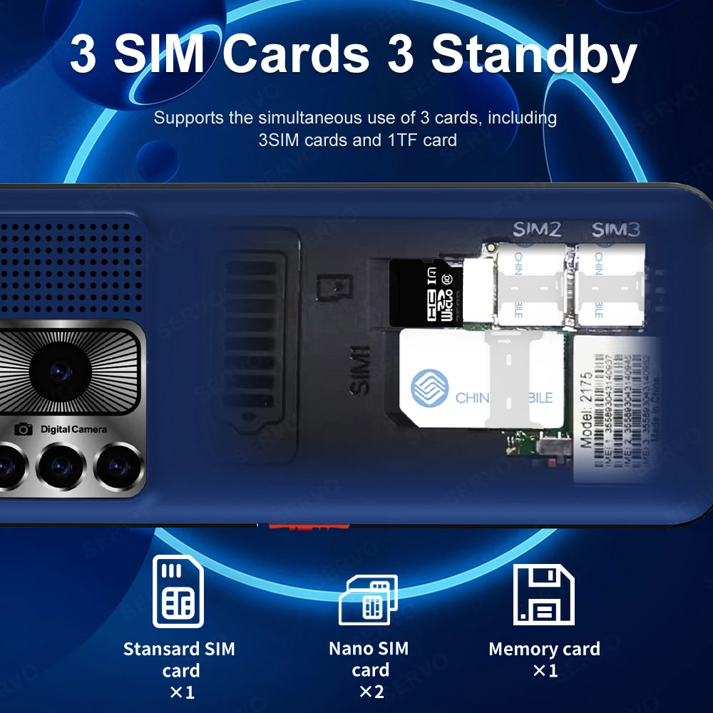 SERVO 2175 2G GSM Button Mobile Phone Dual Flashlight 3 SIM Card Loud Speaker Bluetooth Dial Music Player MP3 Feature Telephone 2