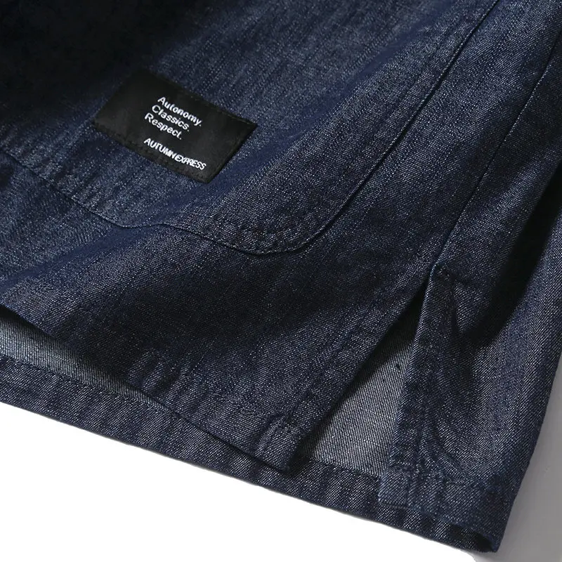 Men Summer Chinese Style Buttons Stand Collar Streetwear Vintage Loose Casual Short Sleeve Denim Shirts Cityboy Blouses Man 6