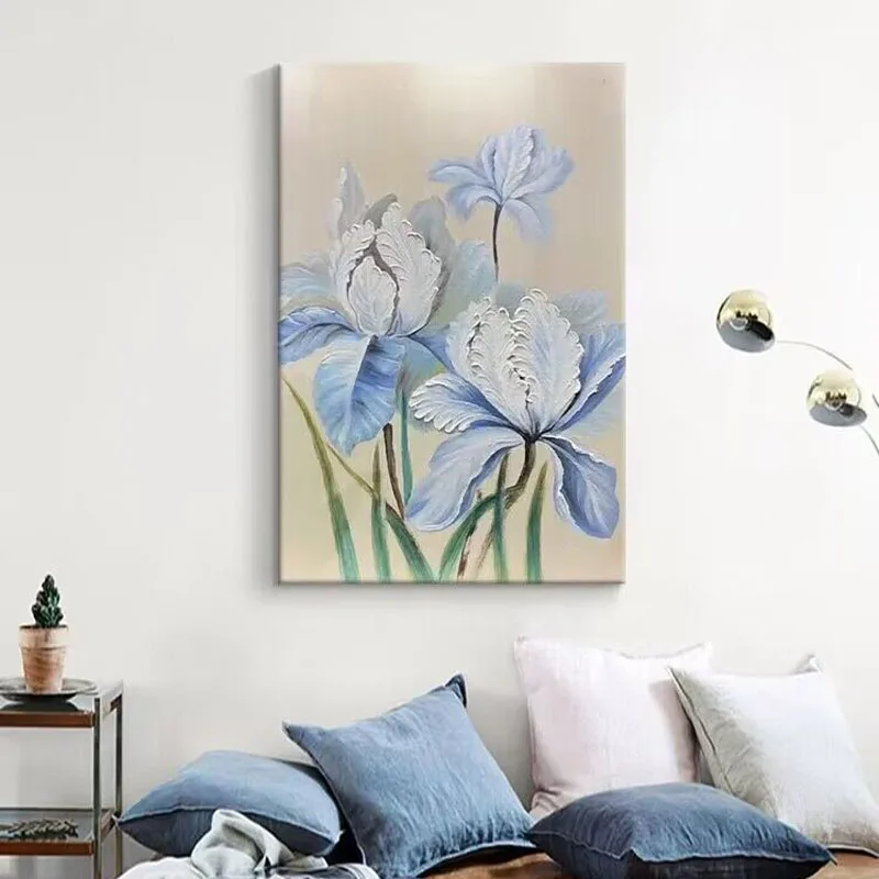 

Modern Light Luxury Blue Flowers Handmade Oil Painting Bedroom For Home Decoration Bedroom Dining Room Living Room And Sofa Wall