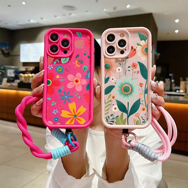 Floral Wrist Chain Lanyard Phone Case with Soft TPU Cover